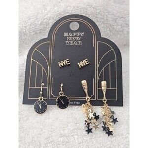 New Target NYE Mixed Earring Set 3pc Gold Tone Clock Star Champagne Bottle Studs